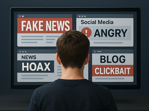 Man standing in front of a large screen with fake news, angry social media, and clickbait blogs.