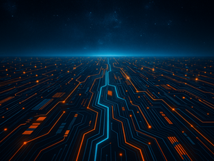Futuristic circuit board landscape with glowing orange and blue lines extending to a horizon under a starry night sky.