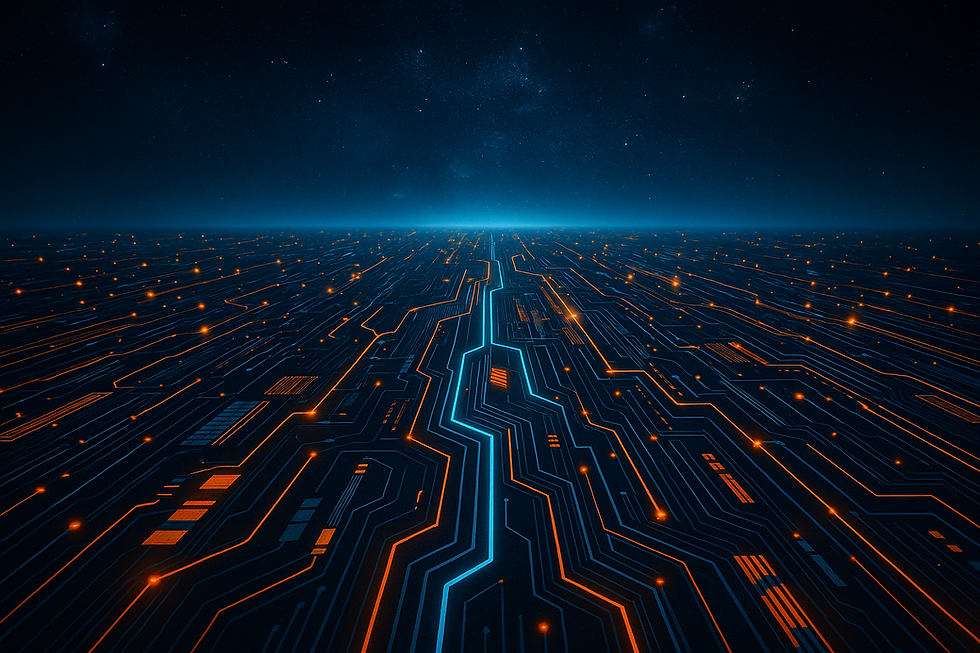 Futuristic circuit board landscape with glowing orange and blue lines extending to a horizon under a starry night sky.