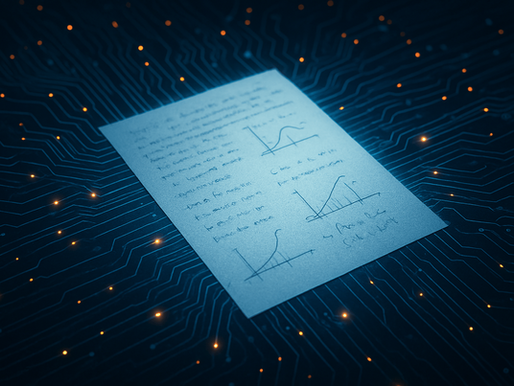 A sheet with charts and text lies on a glowing circuit board background. The setting is futuristic with blue and orange highlights.