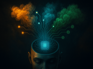 A digital circuit board in a head emits glowing orange, blue, and green smoke in a dark setting, symbolizing technology and imagination.