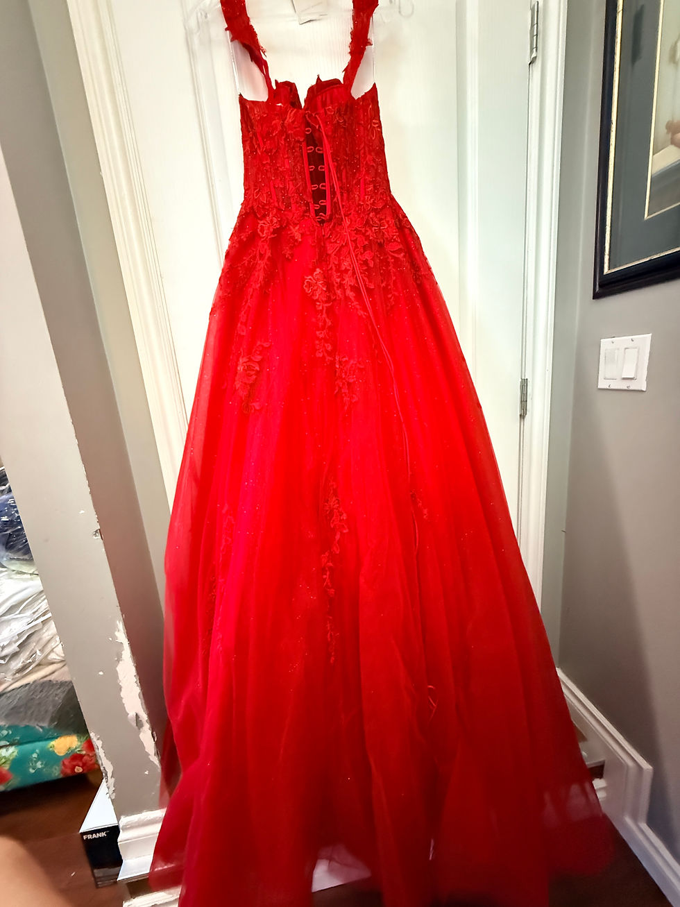 Thumbnail: AMARRA 88409 Red Lace Ball Gown – Size 6
