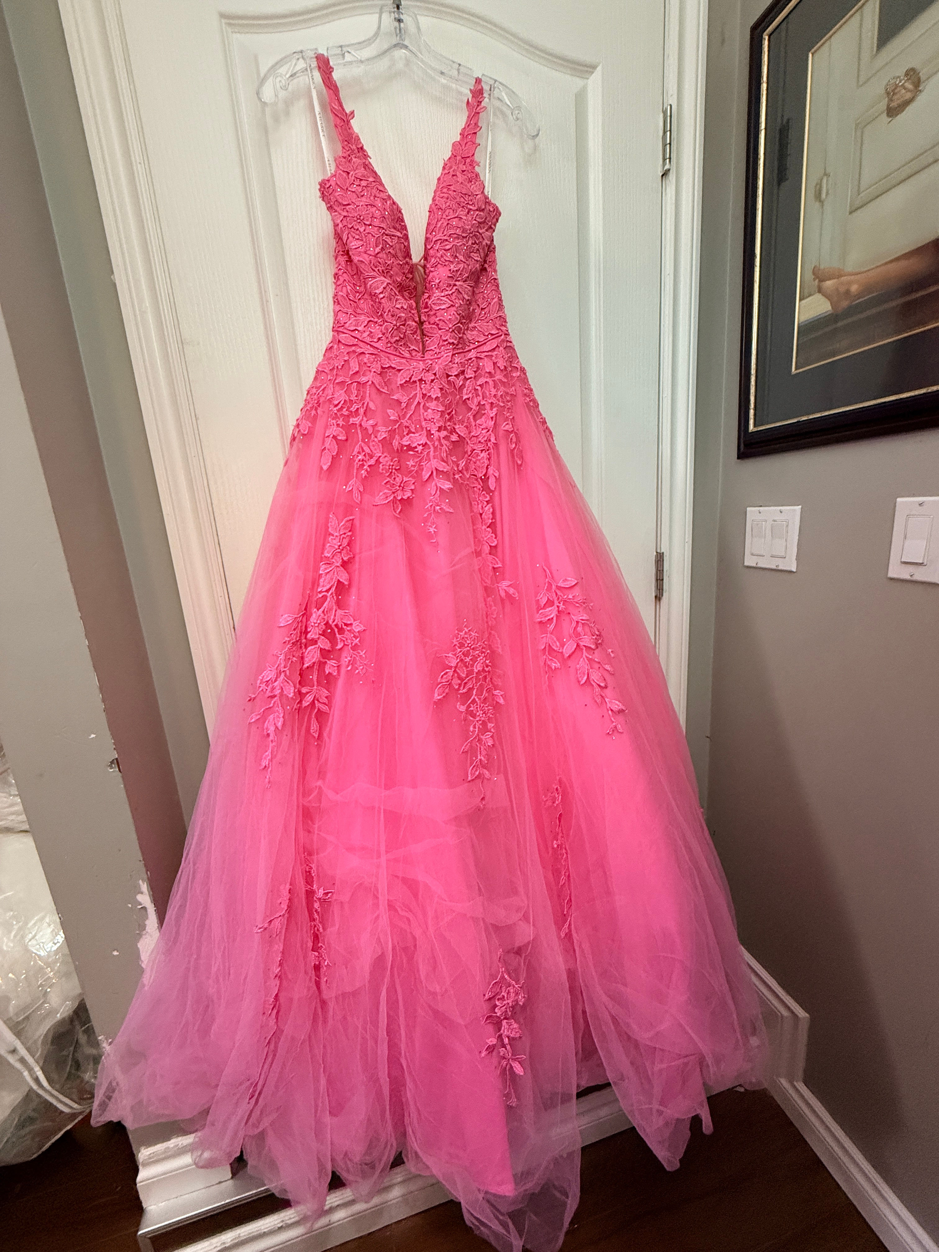 AMARRA 88510 Bright Pink Lace Ball Gown | Size 8