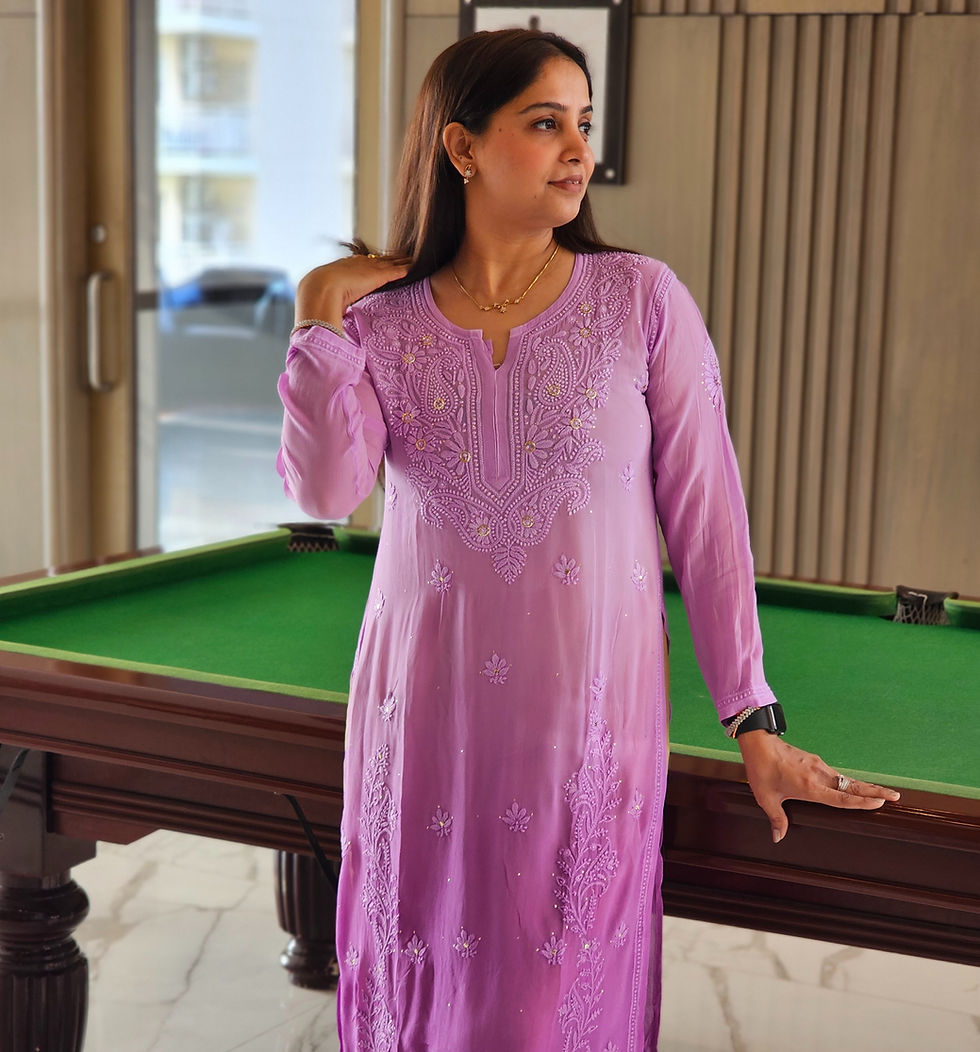 chikankari premium lilac ombre kurti with mukesh