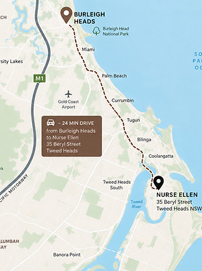 Map showing the driving route from Burleigh Heads to Nurse Ellen Cosmetic Nurse at 35 Beryl Street, Tweed Heads NSW, approximately 24 minutes via the M1 or Gold Coast Highway.