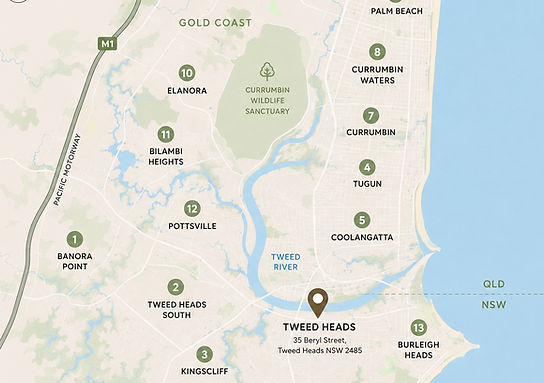 Map of areas served by Nurse Ellen's cosmetic clinic in Tweed Heads across Northern NSW and the Southern Gold Coast