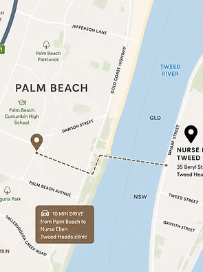 Map showing Palm Beach QLD and the location of Nurse Ellen’s cosmetic clinic at 35 Beryl Street, Tweed Heads NSW.