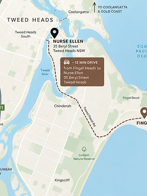 Map showing the driving route from Fingal Heads to Nurse Ellen Cosmetic Nurse at 35 Beryl Street, Tweed Heads NSW, approximately 12 minutes via Tweed Coast Road.