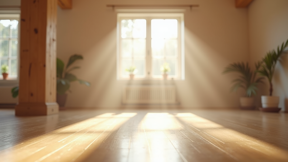 Eye-level view of a serene yoga studio with natural light