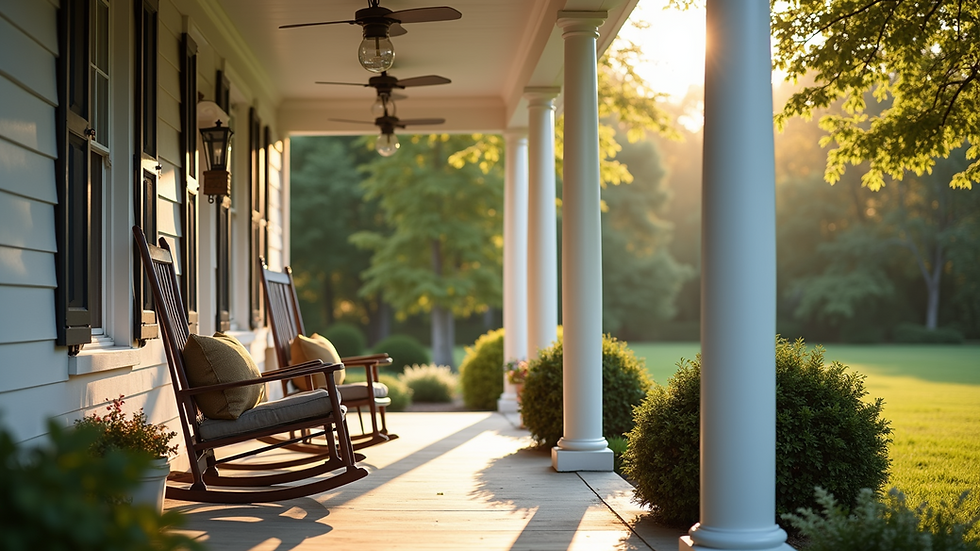 Wide angle view of farmhouse porch with rocking chairs and garden