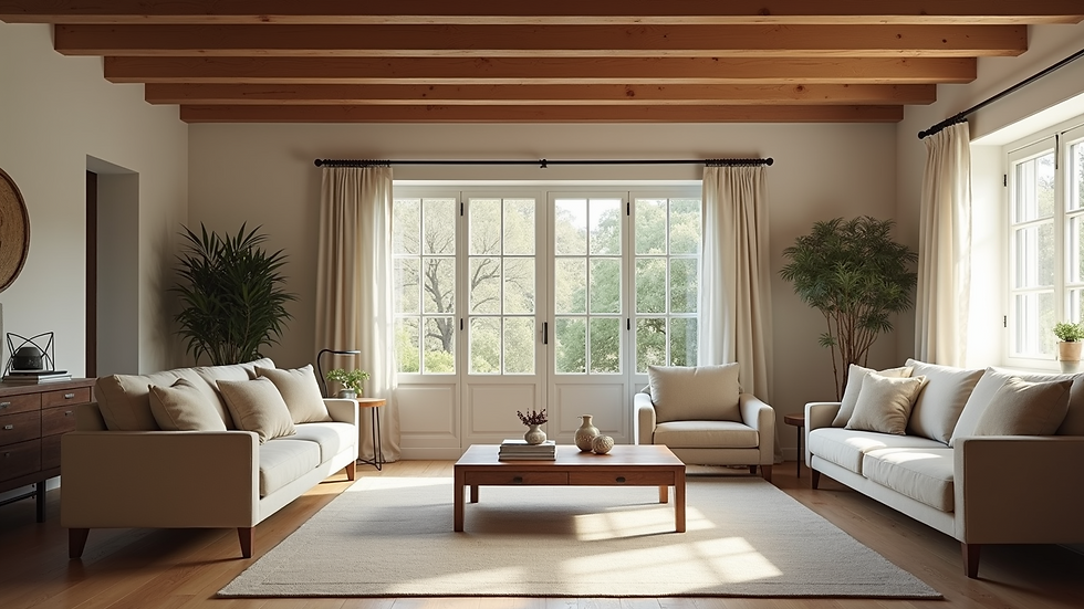 Eye-level view of a cozy farmhouse living room with wooden beams and neutral furniture