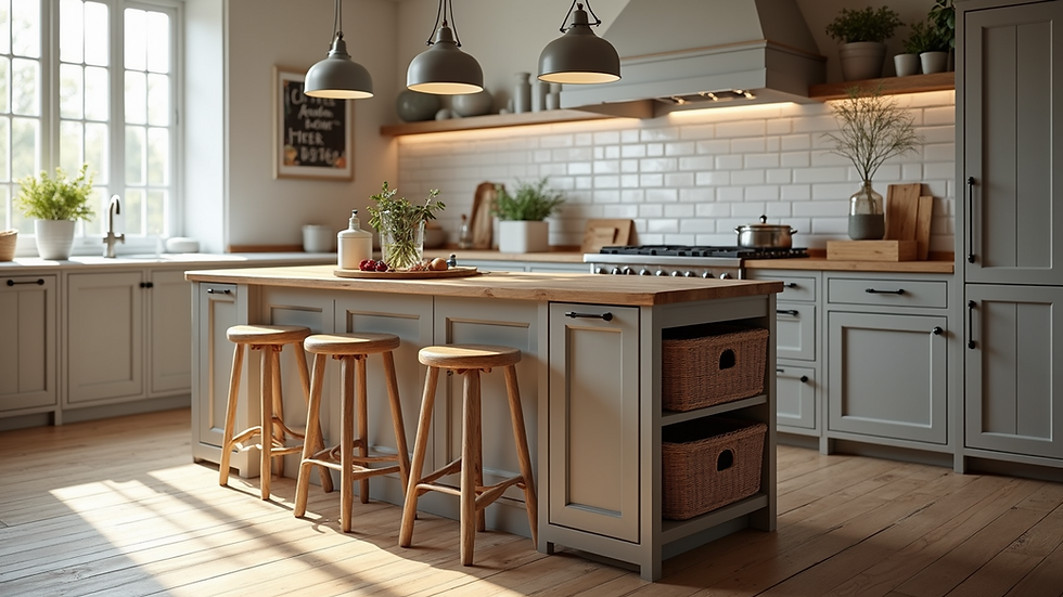 High angle view of farmhouse kitchen island with stools and storage baskets
