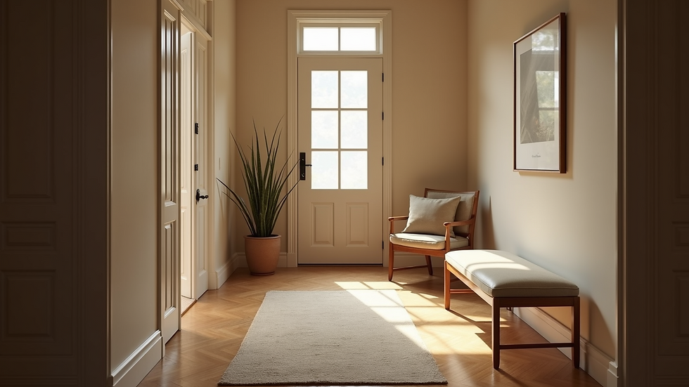 High angle view of a cozy entryway with a bench and soft lighting
