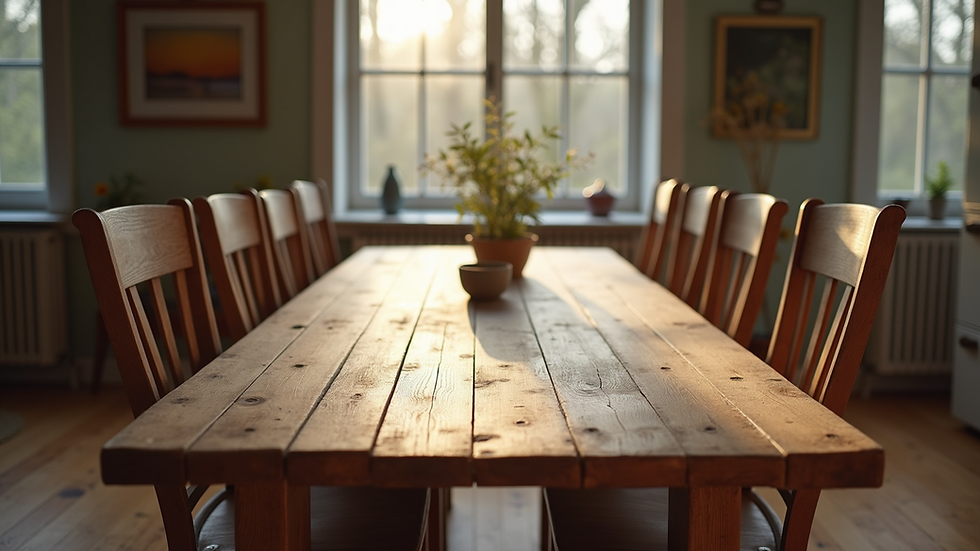 Eye-level view of rustic farmhouse dining table with wooden chairs