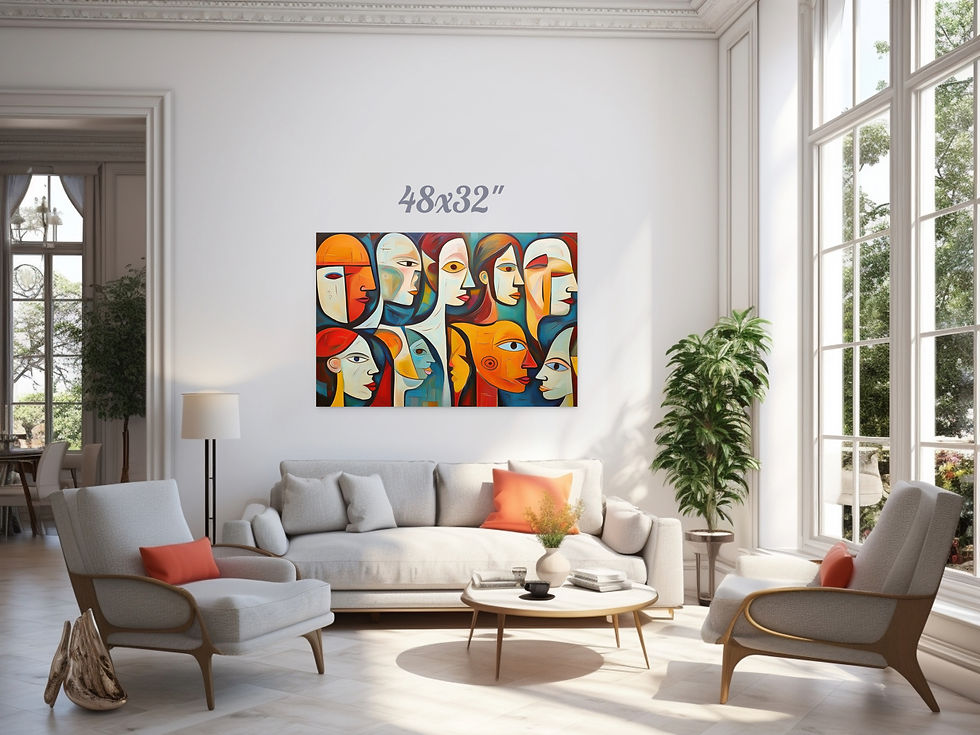 Eye-level view of colorful abstract wall art in a modern living room