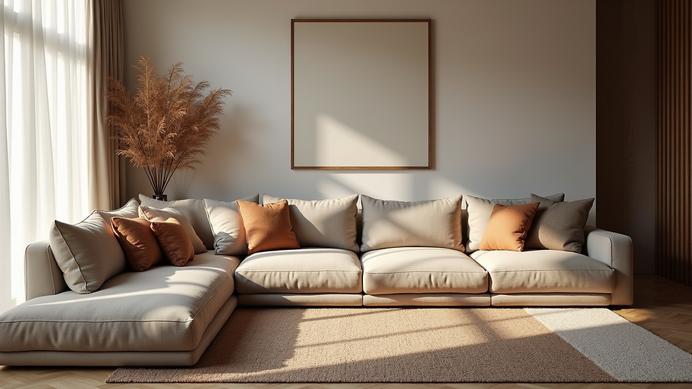 High angle view of a living room corner with textured cushions and layered rugs