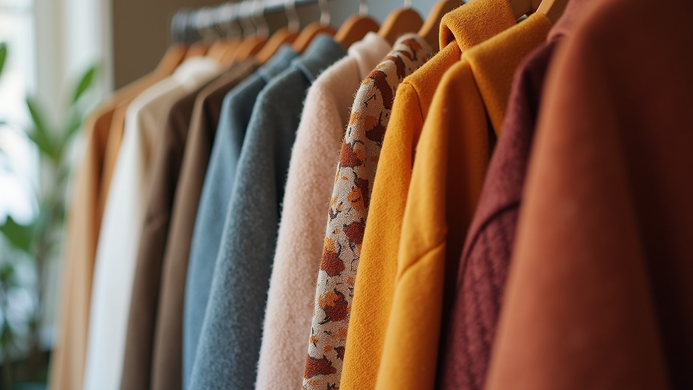 Eye-level view of clothing rack with seasonal color fabrics