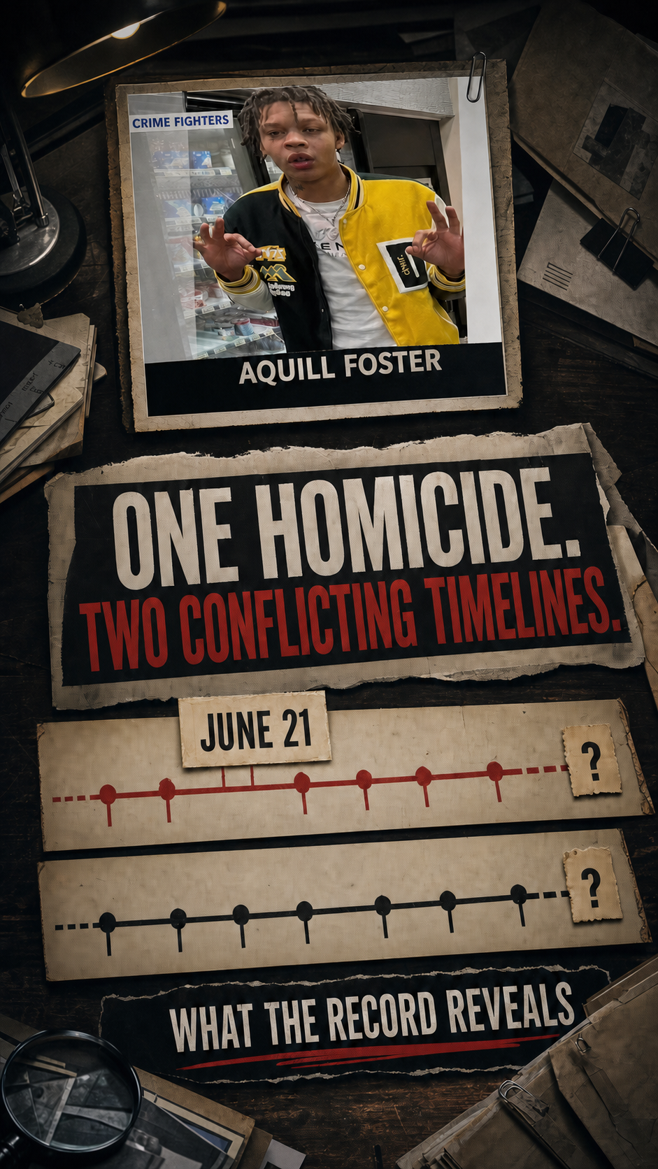 Vertical timeline preview showing Aquill Foster and the unresolved conflict over the year of the June 21 homicide.