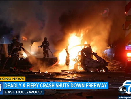 WRONG-WAY DRIVER KILLED IN FIERY CRASH ON SOUTHBOUND 101 FREEWAY IN EAST HOLLYWOOD