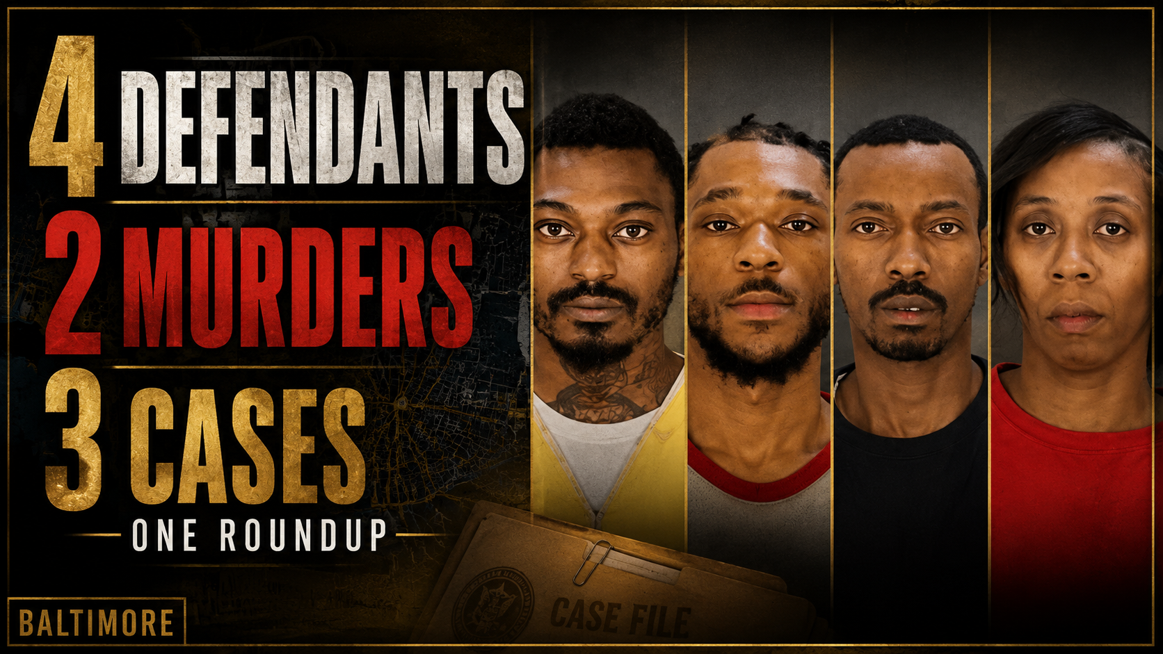 Four mugshots came out under one Baltimore announcement, but the deeper file does not move like one connected case. It separates into three different investigations, two murder files, and one vulnerable-adult assault case.