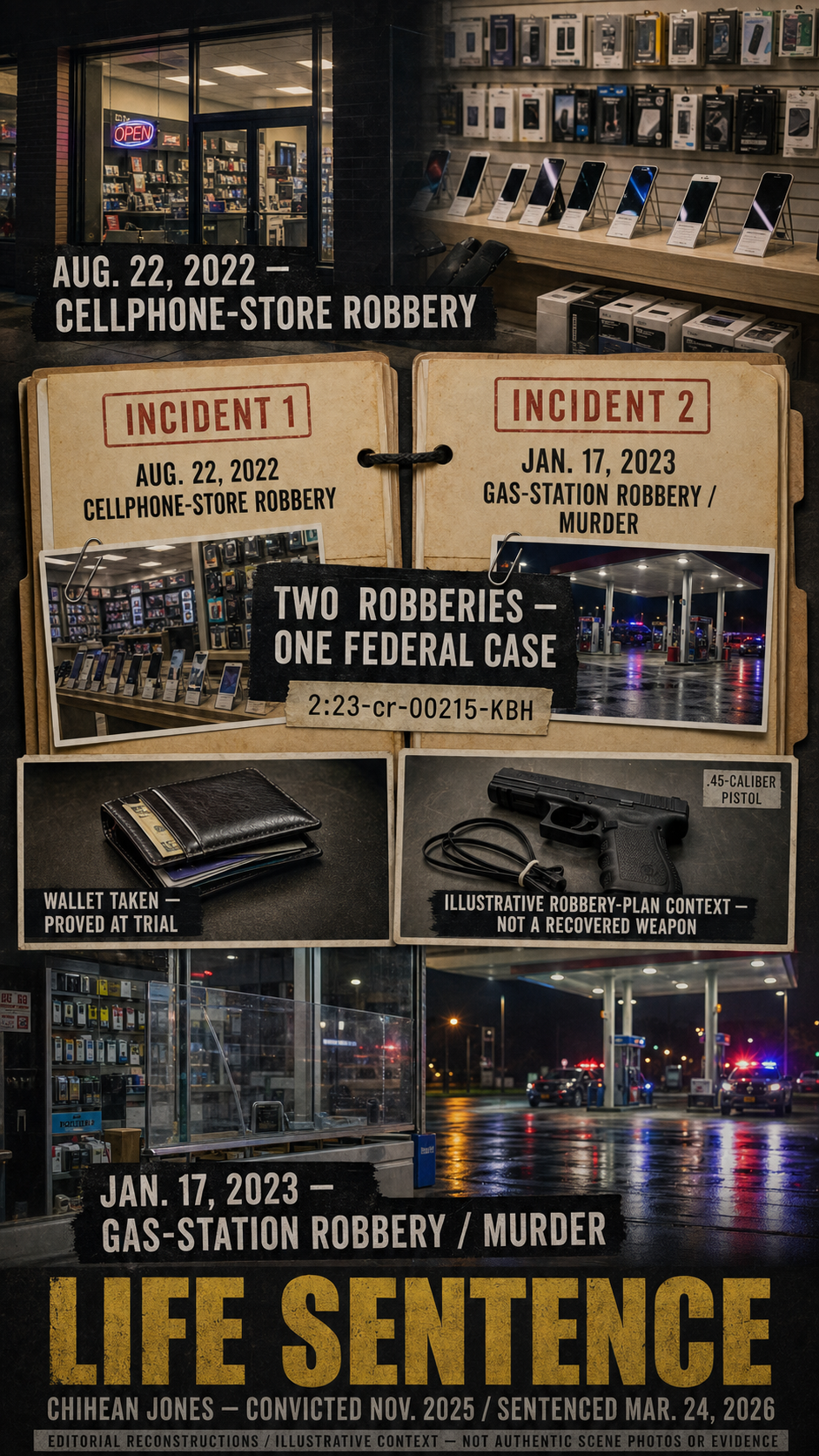 A vertical multi-scene evidence sequence connecting the August 2022 cellphone-store robbery, the joined federal case, the January 2023 gas-station robbery and murder, illustrative plan and wallet context, and the life sentence.
