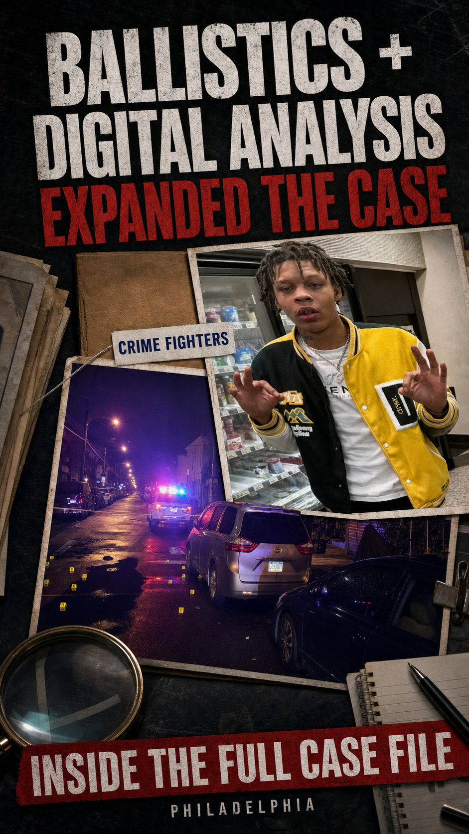 Vertical case-file preview showing Aquill Foster, an official Philadelphia DAO scene exhibit, and the hook that ballistic and digital analysis expanded the case.