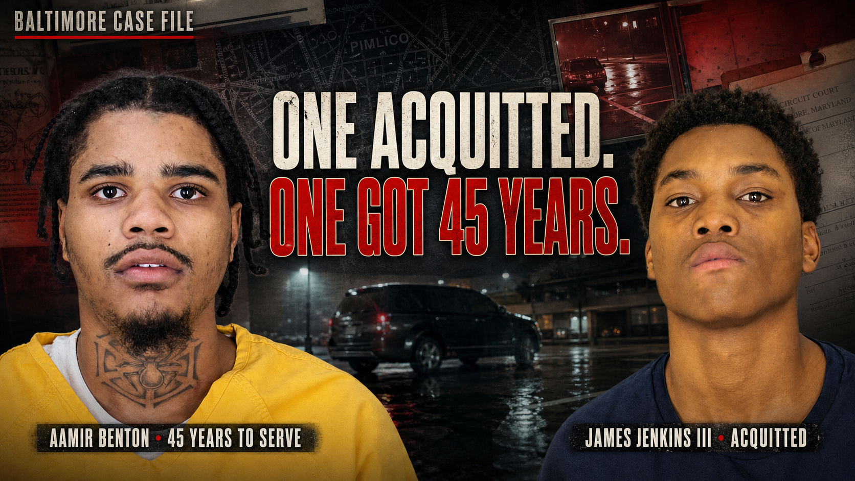 A school-parking-lot surveillance trail, two murder cases, one acquitted co-defendant, and a final 45-year sentence.