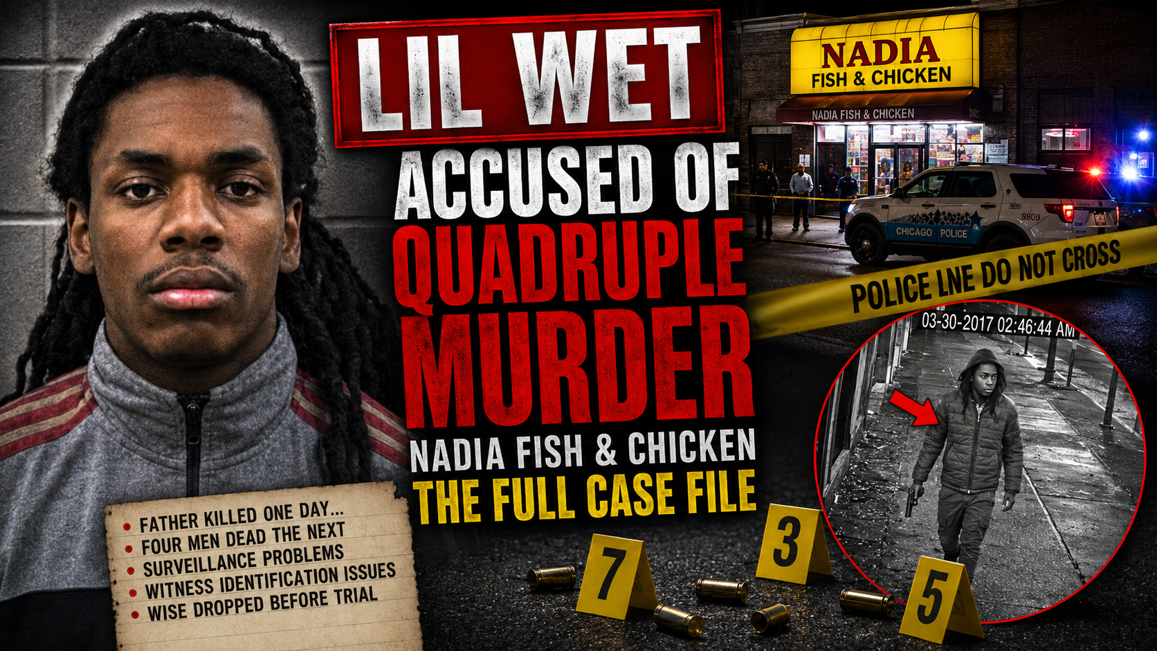 On March 30, 2017, a shooting at Nadia Fish and Chicken on East 75th Street left four men dead and turned one young suspect into one of the most debated names in Chicago drill history. Maurice Harris, known as Lil Wet, was accused of carrying out the attack one day after his father, Jerry Jacobs, had been killed.
