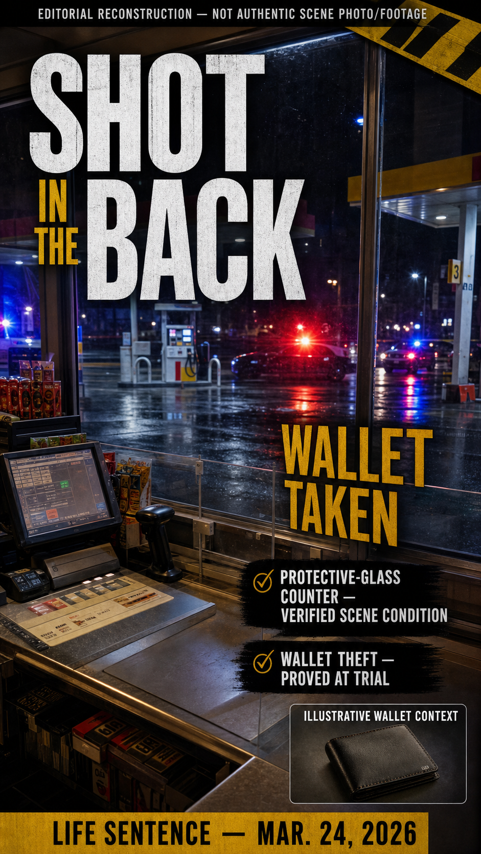 A color editorial gas-station reconstruction centered on the verified protective-glass counter condition, the proved shot-in-the-back and wallet-taken facts, police-light atmosphere, and a clearly illustrative wallet inset.