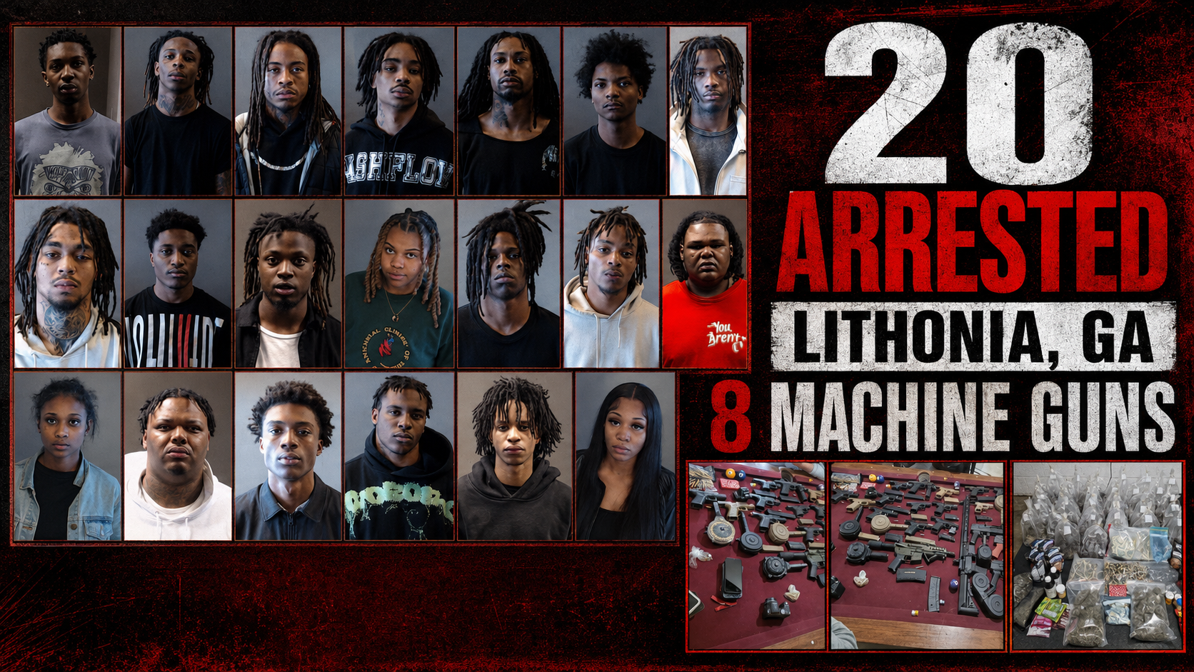 On April 5, 2024, officers moved on a residence in Lithonia, a small city in DeKalb County just east of Atlanta. What began as an investigation hundreds of miles away ended with twenty arrests, a table covered in firearms, conversion switches, extended magazines and evidence of an alleged psychedelic-mushroom operation. The official photographs captured the scale of the raid, but they did not explain how a Texas case reached this house or why a killing at a nearby gas station had suddenly become part of the same file.