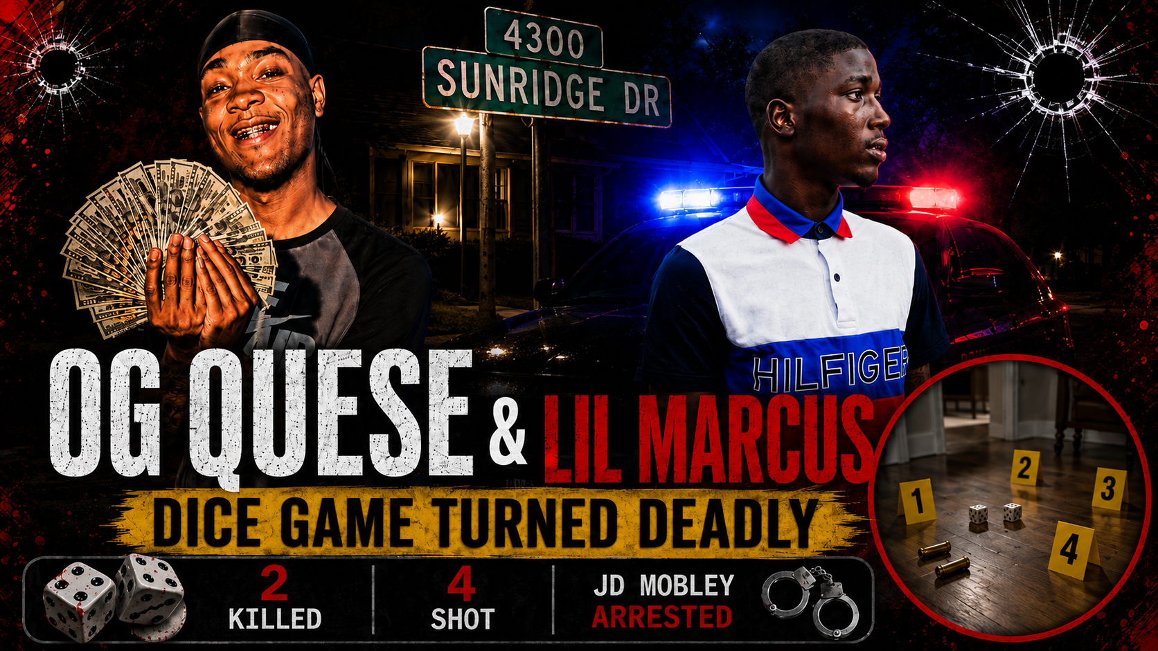On November 10, 2018, a dice game inside a home on the 4300 block of Sunridge Drive in Memphis turned into a double homicide and mass shooting. Police later identified the two people killed as 18-year-old Marcus Conway and 22-year-old Marquese Taylor, while four other victims were taken to Regional One Hospital with conditions reported from serious to critical.