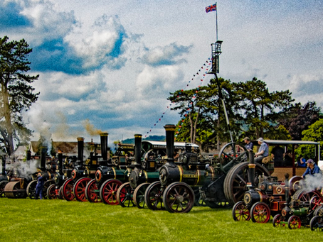 A line up of Steam Engines, large and small at the Abergavenny Steam Rally