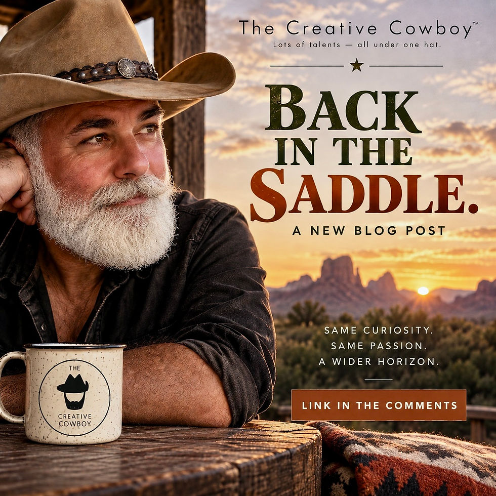 Man in a cowboy hat with a Creative Cowboy mug, desert sunset background, 'Back in the Saddle' blog post graphic.