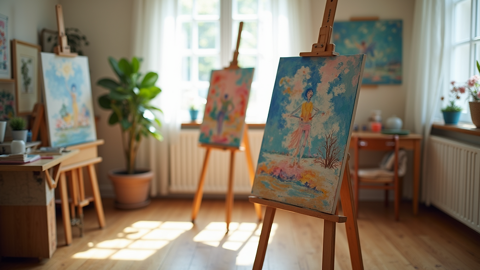 High angle view of a cozy art therapy studio with easels and colorful paintings