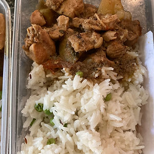 Chicken pepper with rice and aloo tikkis/potato cakes