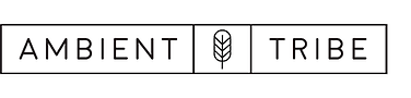 Ambient Tribe logo which is black lettering of the words Ambient Tribe, split in the middle with an arrowhead icon, all encompassed in a black border