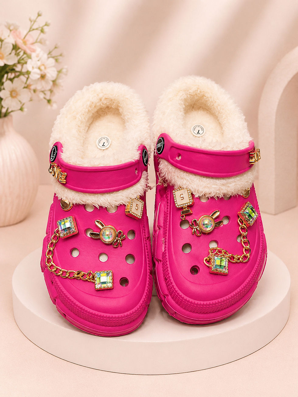 Thumbnail: Women’s Black Faux Fur Lined Clogs with Gold Charms – Cozy Winter Slip-On Shoes