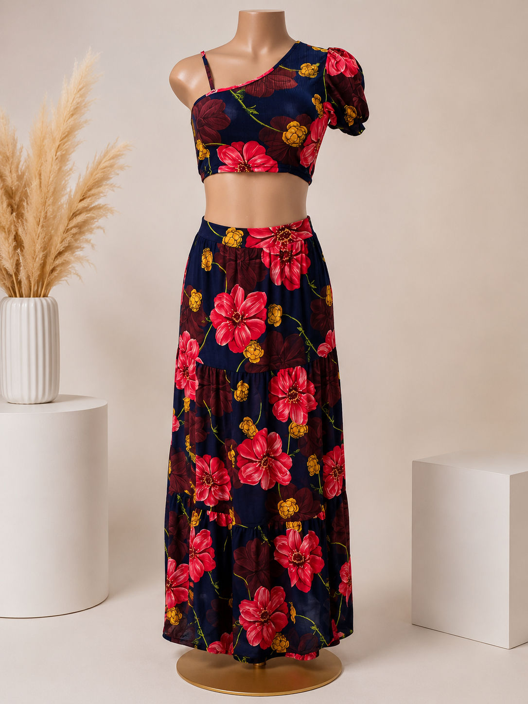 Floral One-Shoulder Two-Piece Maxi Skirt Set
