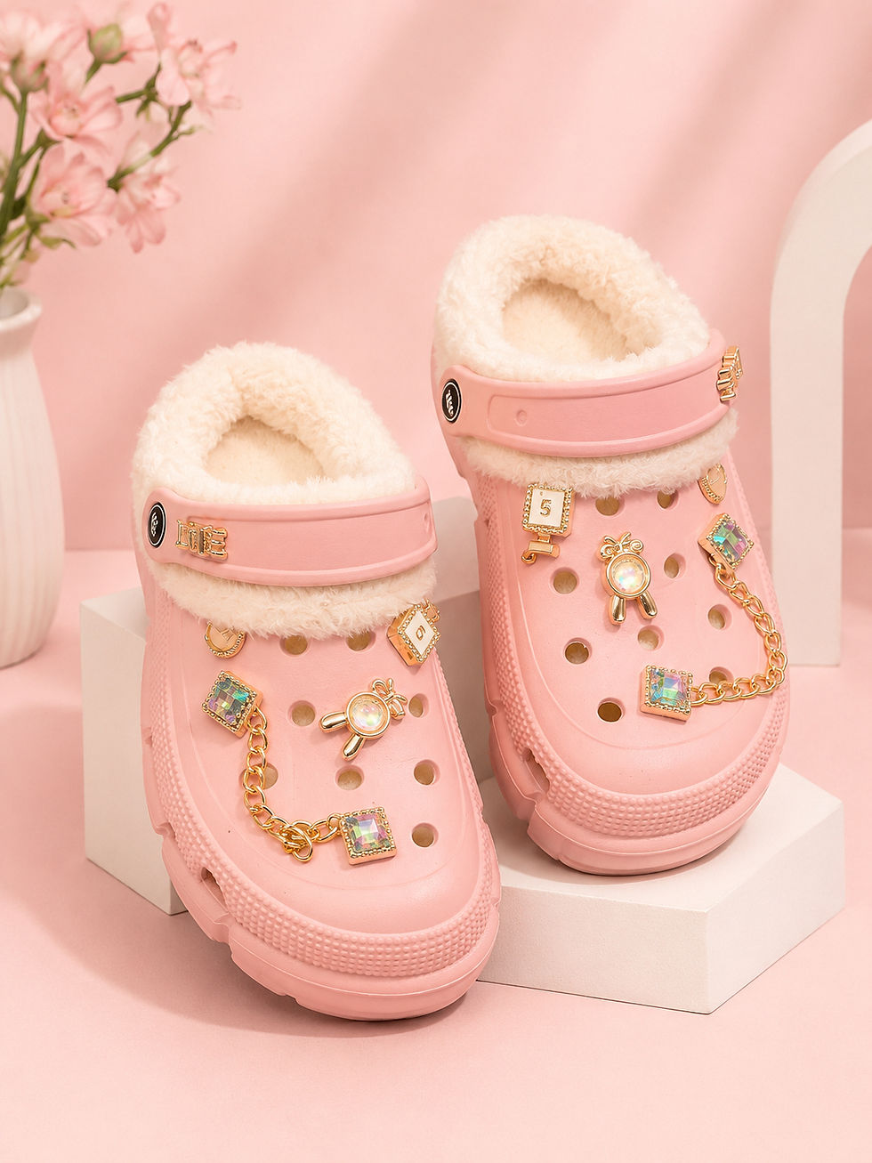 Thumbnail: Women’s Black Faux Fur Lined Clogs with Gold Charms – Cozy Winter Slip-On Shoes