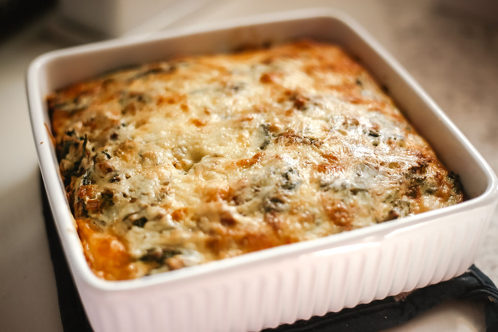 Kale and turkey bacon breakfast casserole in 9x9 dish.