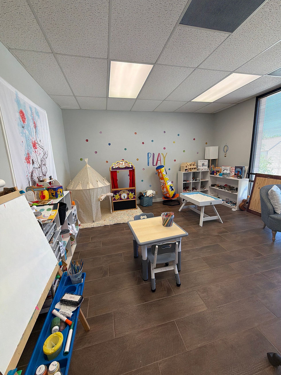 Play therapy room with toys and art supplies for child counseling in San Antonio.