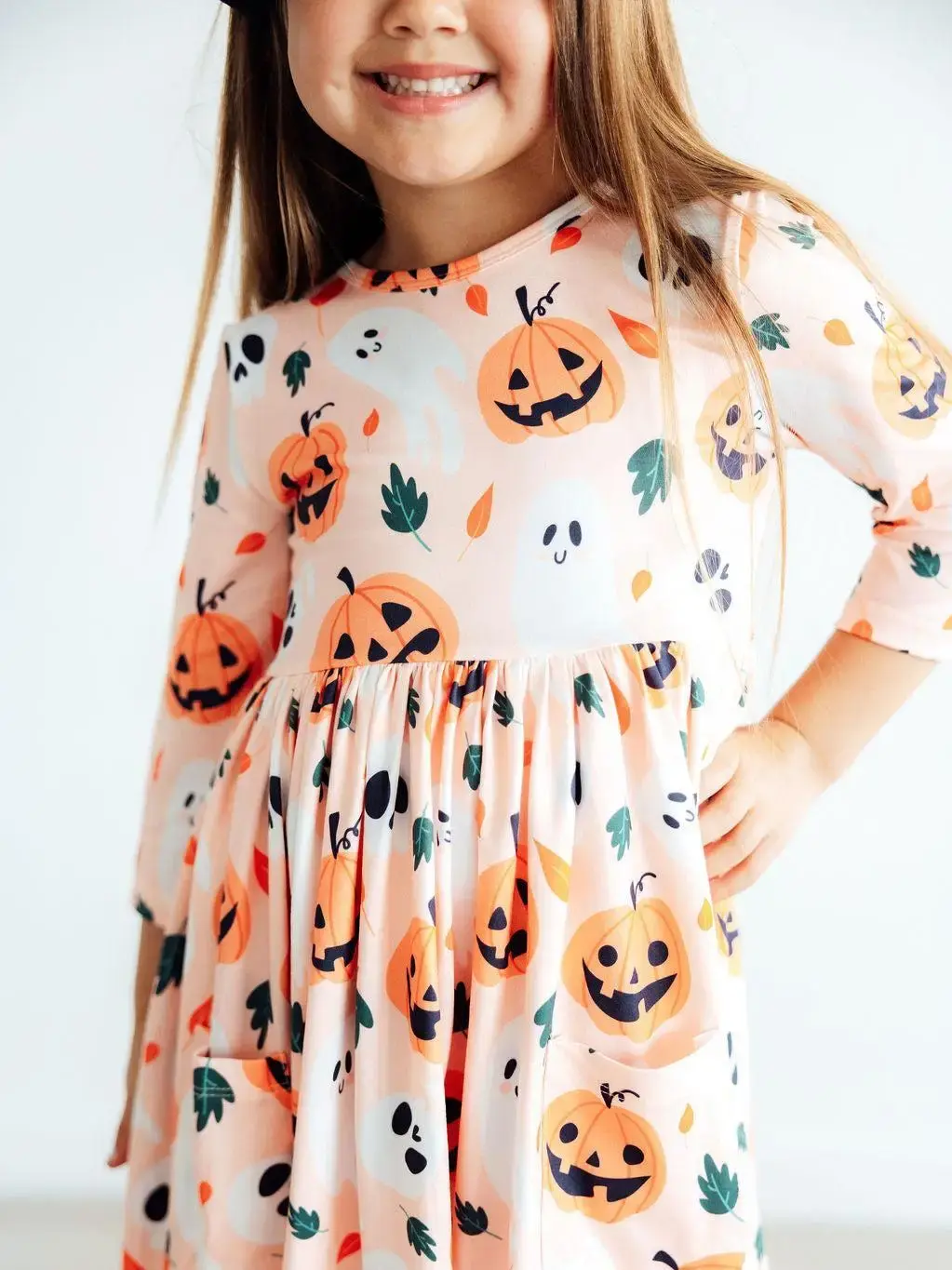 Mila & Rose Pumpkin Peekaboo 3/4 Sleeve Pocket Twirl Dress