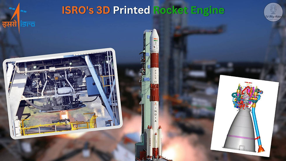 "Title image for the article 'ISRO 3D Printed Rocket Engine: Latest Triumph in Space Innovation' on www.sdblognation.in. The image features a detailed view of ISRO's 3D printed rocket engine, showcasing its intricate design and advanced technology, with the PSLV rocket in the background. The image highlights ISRO's achievements in space technology and innovation.