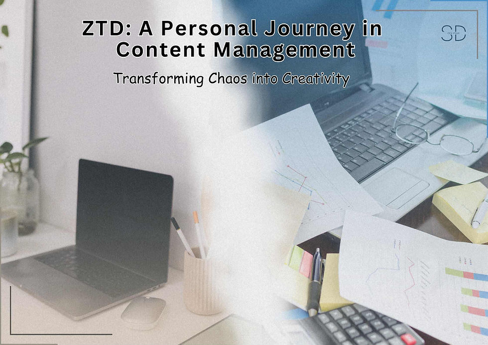 Title image for the article 'How to Enhance Content Creation with Zen To Done: 8 Key Strategies' on www.sd-zen-zone.in. The image illustrates a transition from a cluttered workspace on the right, with scattered papers and notes, to a zen-inspired decluttered, minimalistic workspace on the left with a clean laptop setup, a potted plant, and organized pens. The phrase 'ZTD: A Personal Journey in Content Management - Transforming Chaos into Creativity' is overlaid on the image.