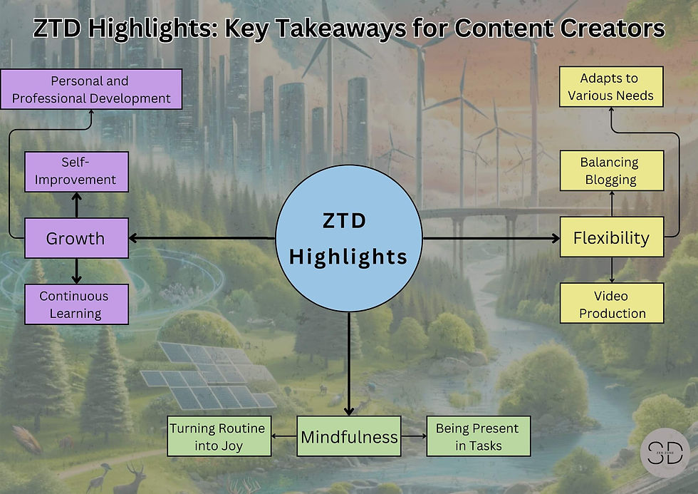 Conclusion graphic from 'How to Enhance Content Creation with Zen To Done: 8 Key Strategies' on www.sd-zen-zone.in. The image features 'ZTD Highlights' in the center with key takeaways for content creators branching out: 'Personal and Professional Development' leads to 'Self-Improvement', 'Growth', 'Continuous Learning'; 'Flexibility' connects to 'Adapts to Various Needs', 'Balancing Blogging', 'Video Production'; and 'Mindfulness' to 'Turning Routine into Joy', 'Being Present in Tasks'. A backdrop of a cityscape transitioning into a lush landscape symbolizes balance.