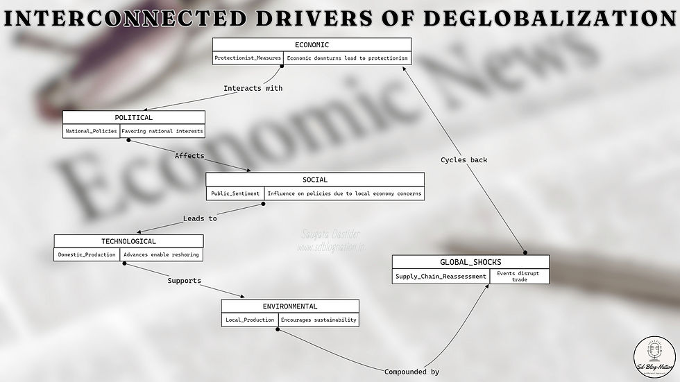 Section_1.3 image for the article 'Rethinking Boundaries: How India Is Adapting to the Deglobalization Trend' on www.sdblognation.in, showcasing 'Driving Forces Behind Deglobalization: Economic, Political, and Social Factors.' The diagram illustrates interconnected drivers such as Political, Economic, Social, Technological, Environmental, and Global Shocks, emphasizing how they cycle and influence each other in the context of deglobalization, set against a blurred newsprint background.