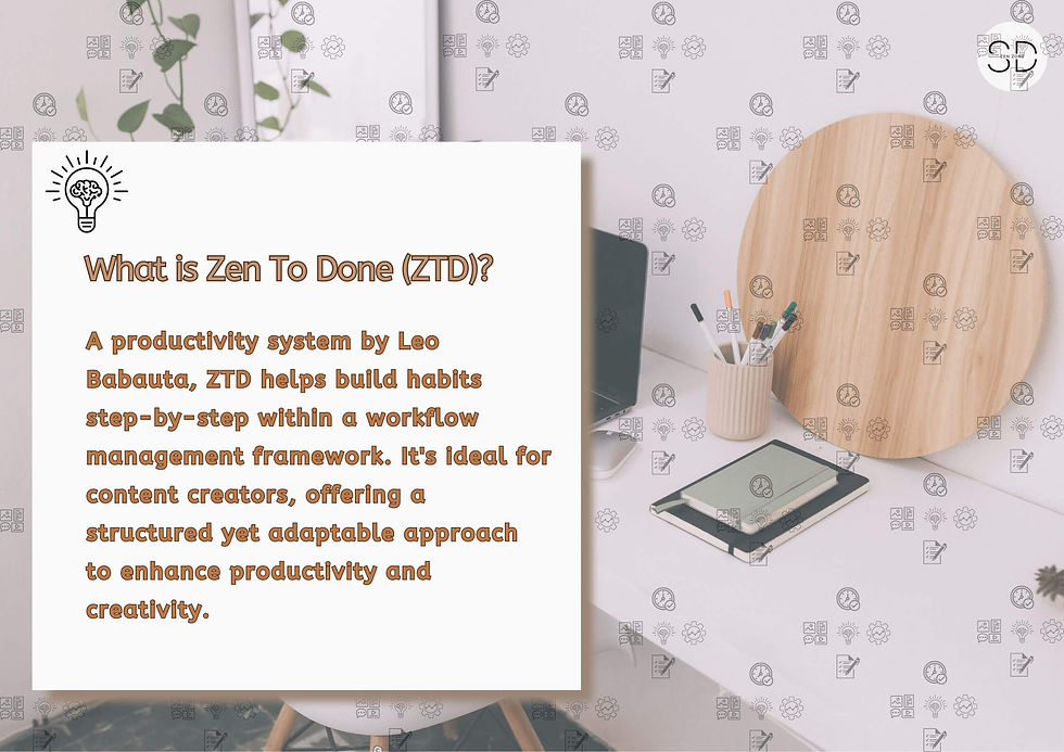 Promotional image from 'How to Enhance Content Creation with Zen To Done: 8 Key Strategies' at www.sd-zen-zone.in. It features an organized desk with a laptop, a tablet with a stylus, and stationery in a holder, next to a wooden round board with pinned notes. The text overlay explains 'Zen To Done (ZTD)' as a productivity system by Leo Babauta, ideal for content creators looking to build habits within a workflow management framework to boost productivity and creativity.