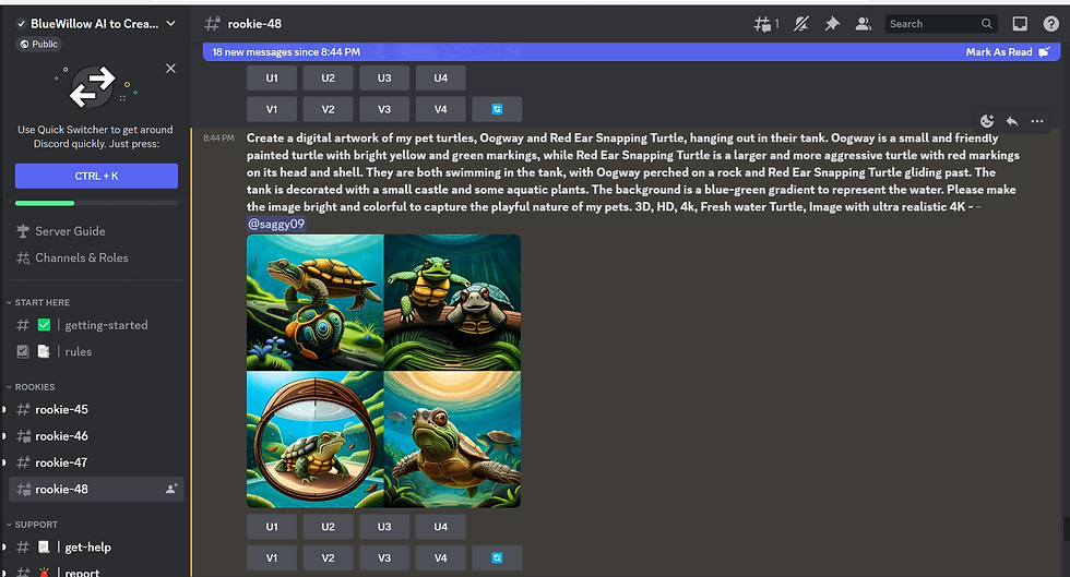 AI BlueWillow Discord window for text to image creation.