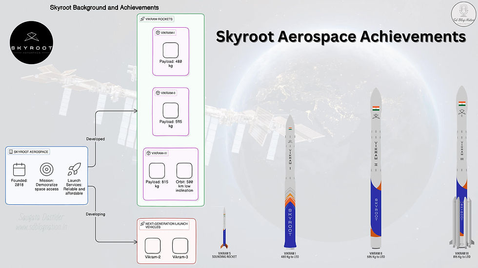 Section 2.2 image from the article 'ISRO 3D Printed Rocket Engine: Latest Triumph in Space Innovation' on www.sdblognation.in. The image showcases Skyroot Aerospace's background and achievements, featuring a flowchart detailing their projects, including the Vikram rocket series (Vikram-I, Vikram-II, Vikram-III) with payload capacities, orbital details, and next-generation launch vehicles. The chart also highlights Skyroot's mission to democratize space access and their reliable and affordable launch services.