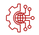 Abstract icon representing teamwork and collaboration, styled in red.
